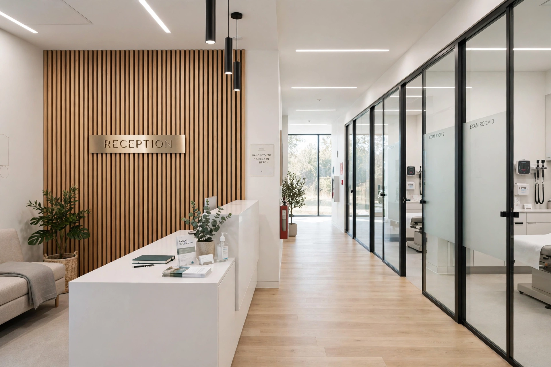 Design concept for a clean contemporary medical unit interior with warm natural finishes