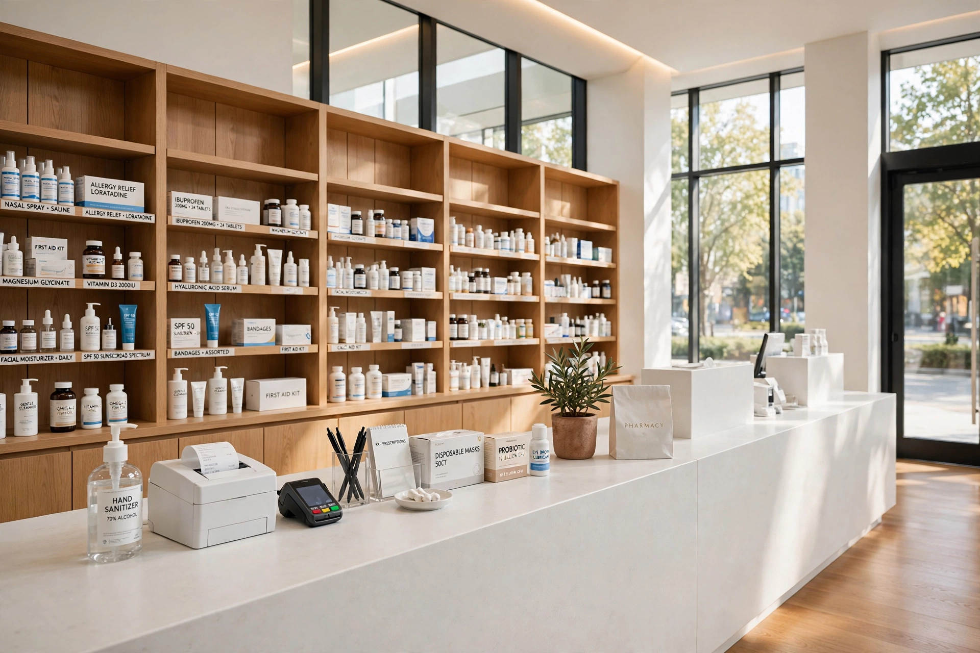 Design concept for a bright contemporary pharmacy interior with warm wood details