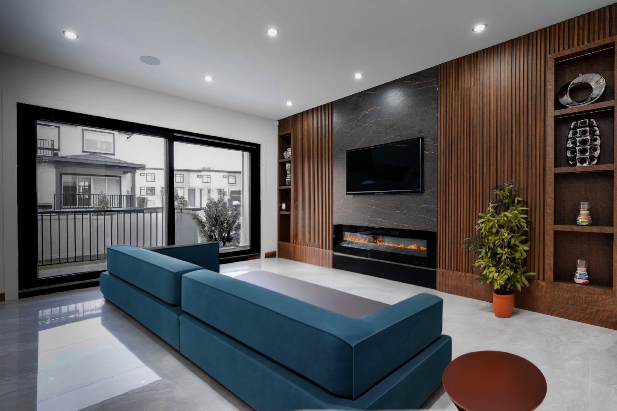Living room of a completed custom home, with a linear fireplace set into a stone feature wall and walnut slat joinery
